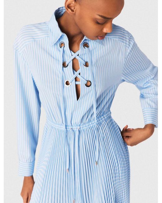 Maje Blue Long Pleated Dress With Eyelets