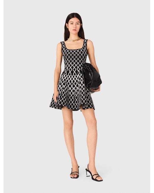 Maje Blue Woman's Polyester, Short Patterned Knit Dress For Spring/summer, Size Extra Small, In Color Black / White / Black