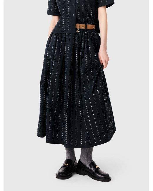 Maje White Long Rhinestone Cotton Skirt