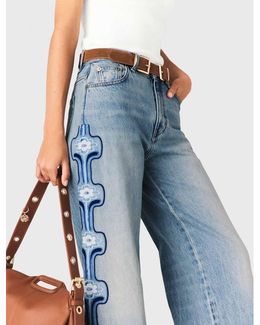 Maje Blue Floral Embroidered Wide-Leg Jeans