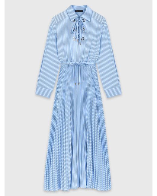 Maje Blue Long Pleated Dress With Eyelets
