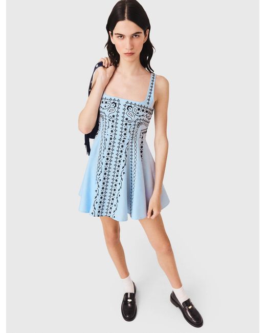 Maje Blue Short Embroidered Linen-Blend Dress