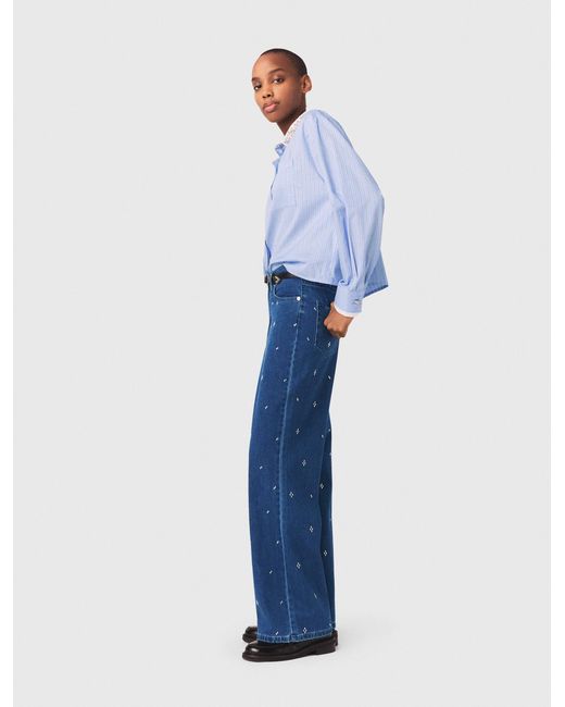 Maje Blue Wide Jeans With Rhinestones