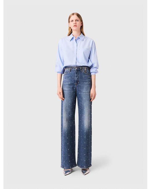 Maje Blue Wide-Leg Denim Jeans With Studs