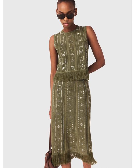 Maje Natural Knit Skirt With Rhinestone Flowers