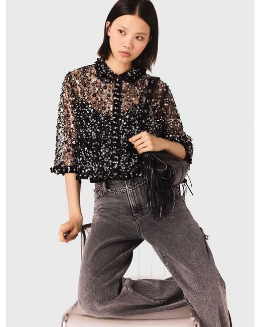 Maje White Floral Rhinestone Polo