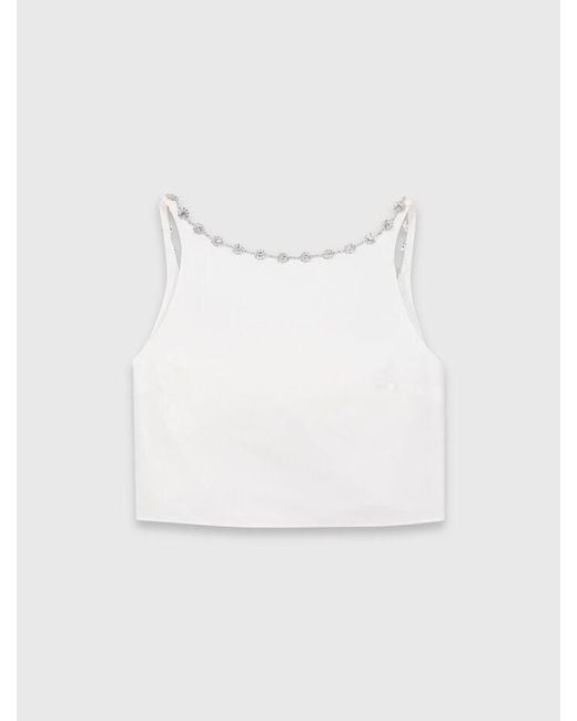 Maje White Jewelled Collar Taffeta Crop Top
