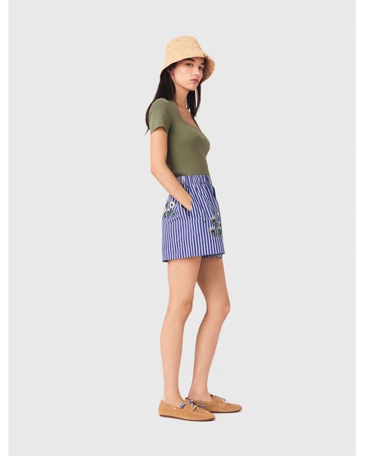 Maje Blue Embroidered Striped Cotton Shorts