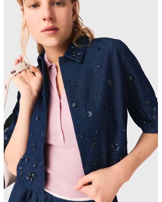 Maje Blue Embroidered Cropped Denim Shirt