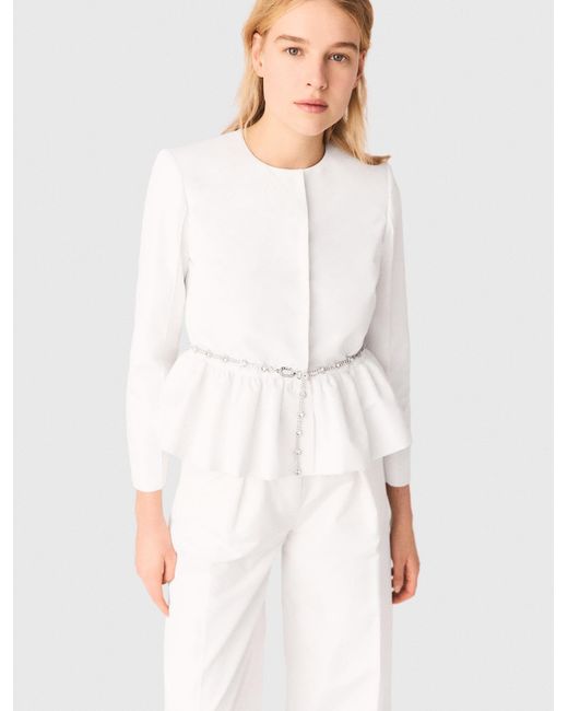 Maje White Cropped Jacket With Jewelled Belt