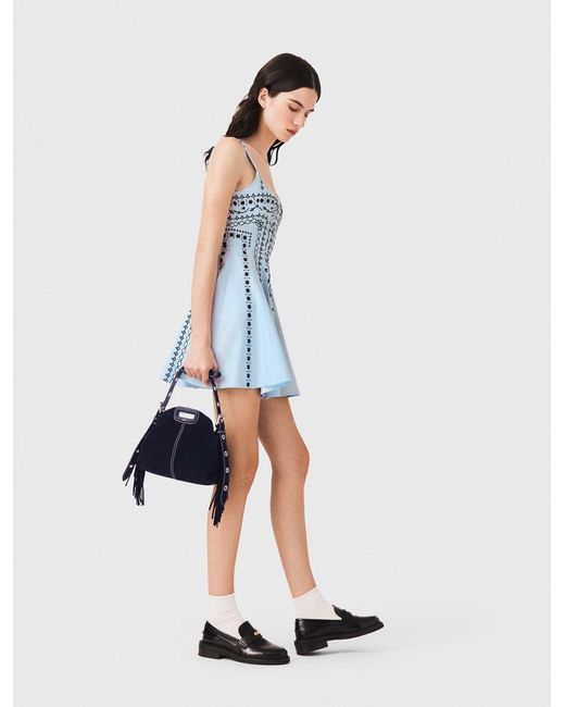 Maje Blue Short Embroidered Linen-Blend Dress