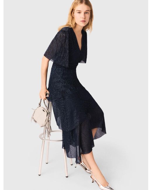 Maje Blue Metallic Ruffled Midi Dress