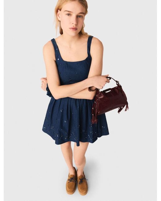 Maje Blue Flared Embroidered Denim Dress