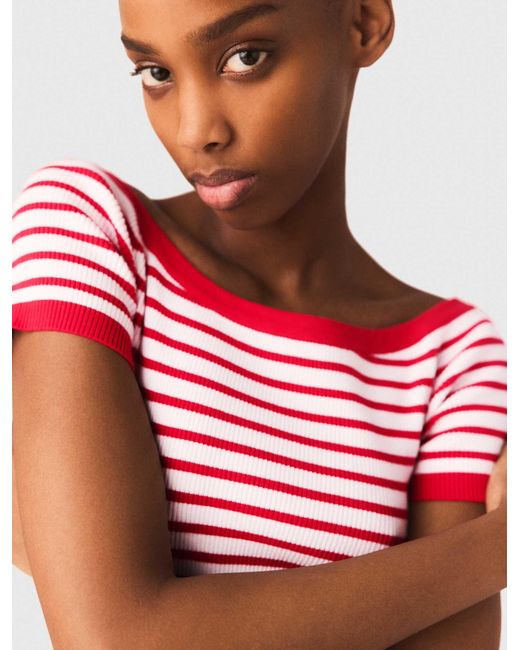 Maje White Striped Knit Top With Boat Neck