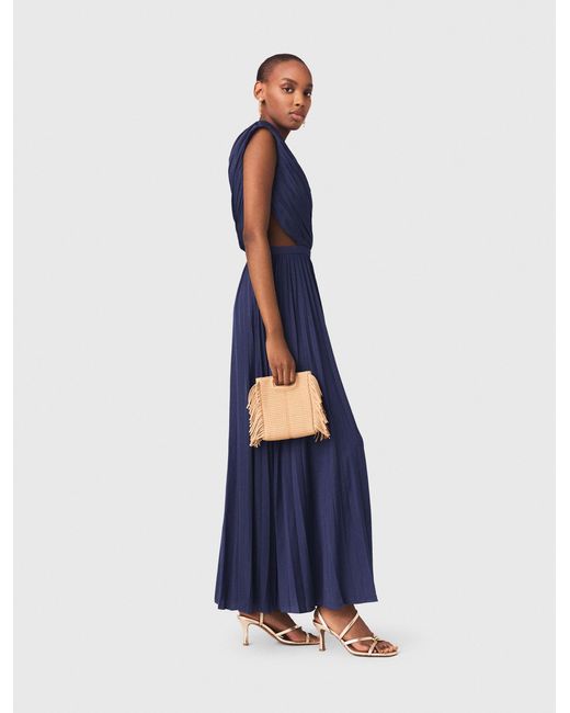 Maje Blue Asymmetrical Pleated Maxi Dress