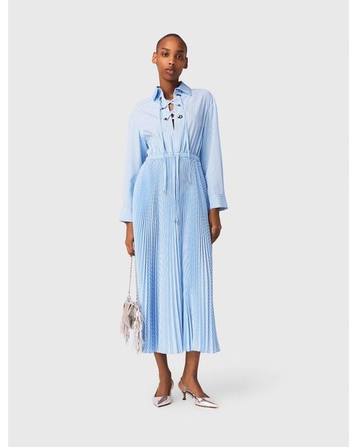 Maje Blue Long Pleated Dress With Eyelets