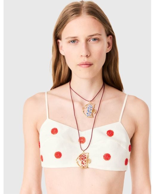 Maje White Embroidered Linen And Silk Crop Top