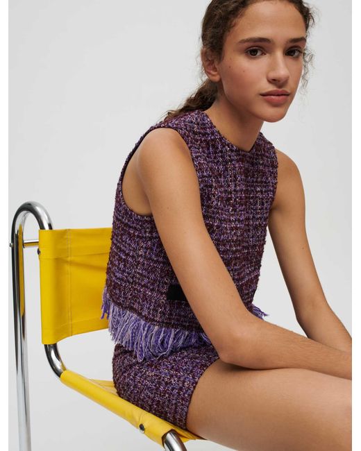 Maje Purple Tweed Sleeveless Fringed Top in Blue Lyst
