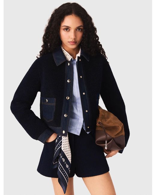 Maje Blue Bouclé And Denim-Detail Jacket