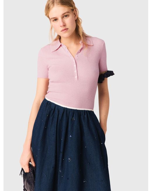 Maje Blue Embroidered Denim Midi Skirt