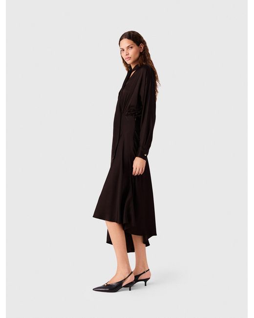 Maje Black Asymmetrical Satin Midi Dress