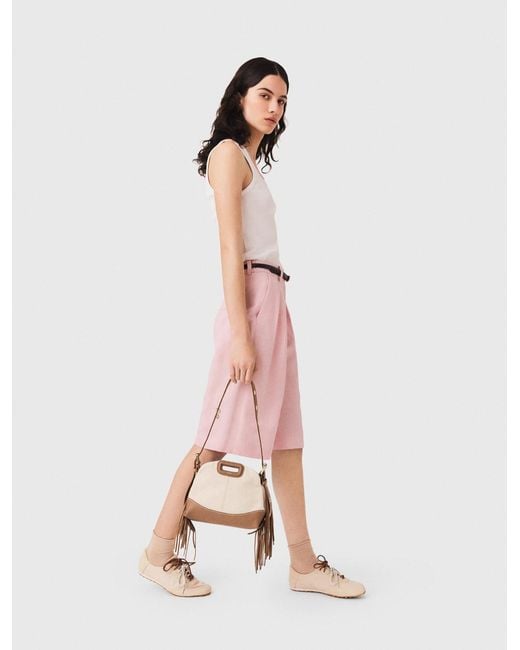Maje Pink Pleated Linen Blend Bermuda Shorts