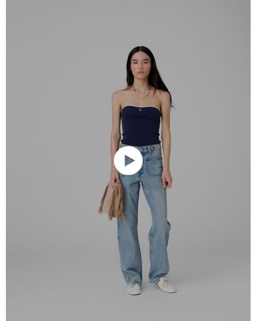 Maje Blue Contrast-Knit Bustier Top