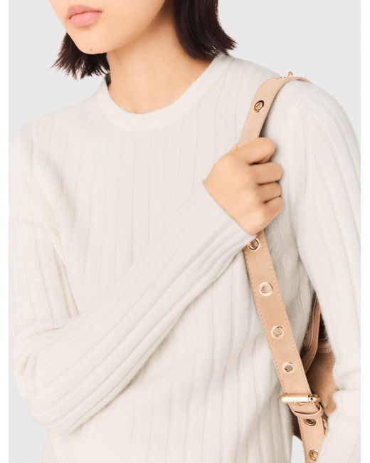 Maje White Pearl-Collar Ribbed Jumper