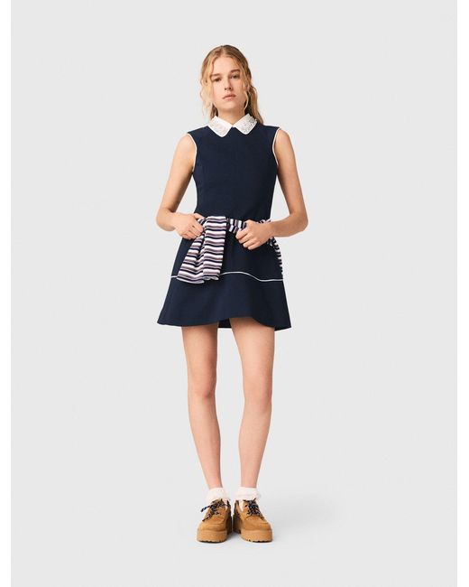 Maje Women's Blue Flared Dress With Contrast Trim