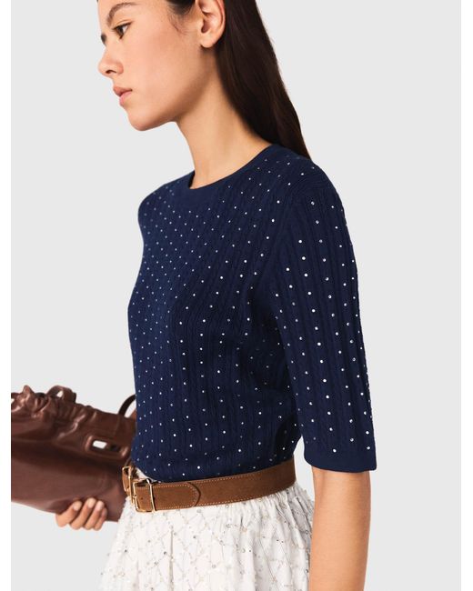 Maje Blue Round-Neck Rhinestone Jumper