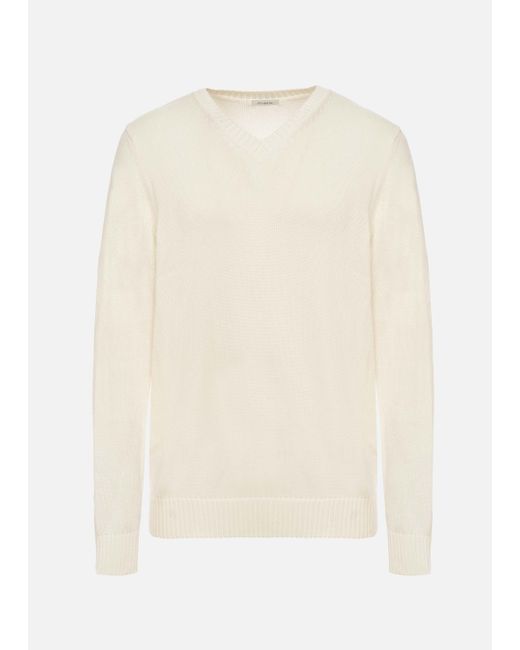 Malo White Cotton V-Neck Sweater for men