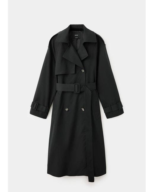 Mango Black Long Double-Breasted Trench Coat