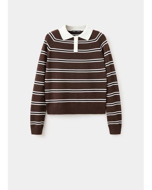 Mango White Striped Polo-Neck Sweater