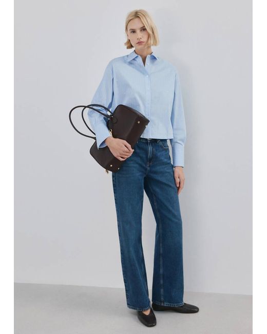 Mango Blue Rhinestone Striped Cropped Shirt