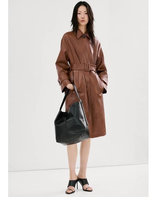 Mango Brown Long Faux-Leather Trench Coat With Belt