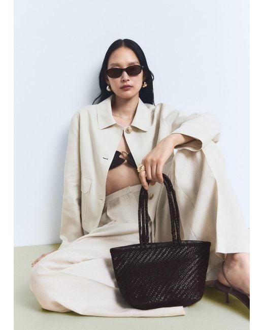 Mango White Medium Braided Leather Bag