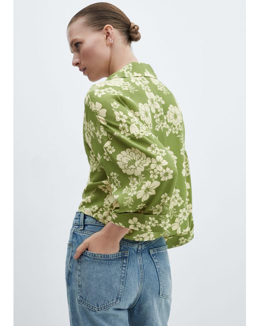 Mango Blue Floral-print Shirt With Knot Detail