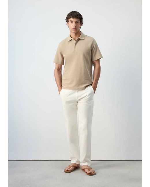 Mango White Textured Cotton Blend Polo for men
