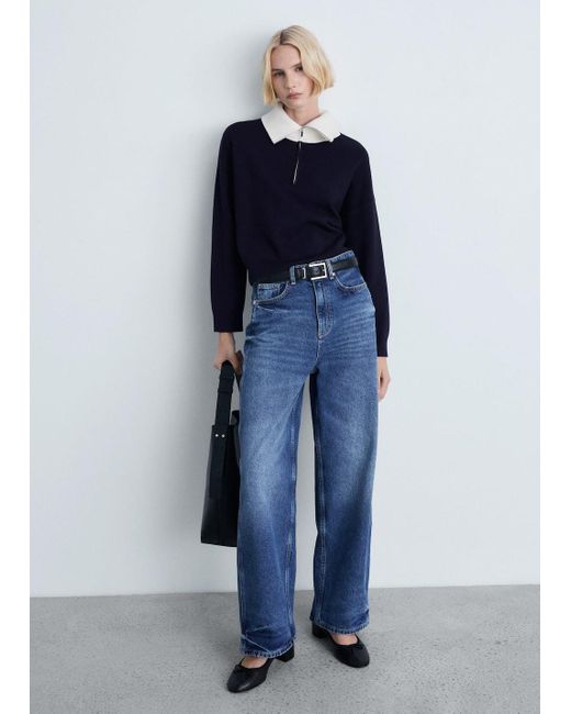 Mango Blue Knitted Sweater With Contrasting Collar