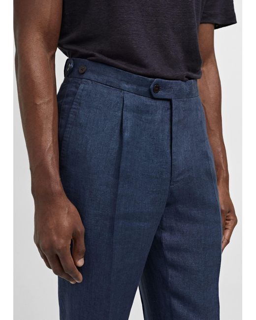 Mango Blue Slim Fit Suit Pants 100% Herringbone Linen Indigo for men