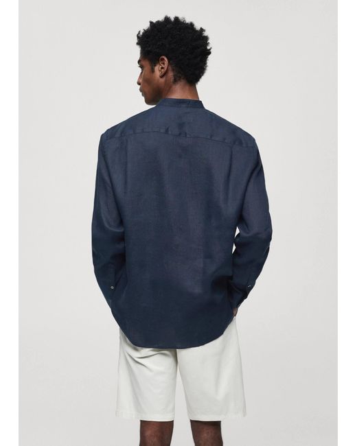 Mango Blue 100% Linen Mao Collar Shirt Dark for men