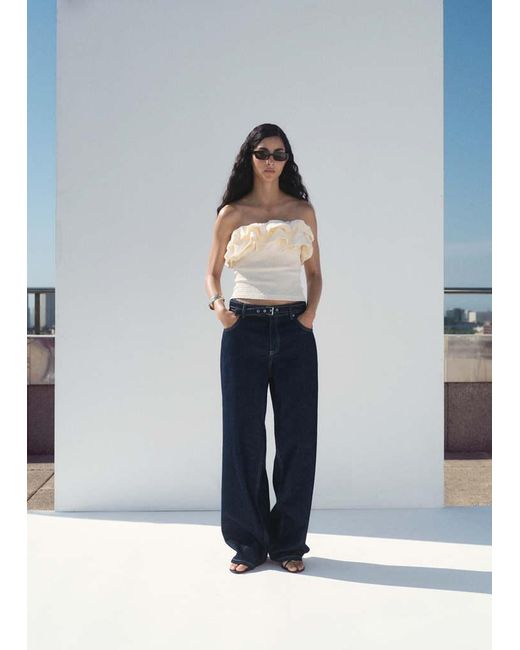 Mango Blue Strapless Top With Ruffles