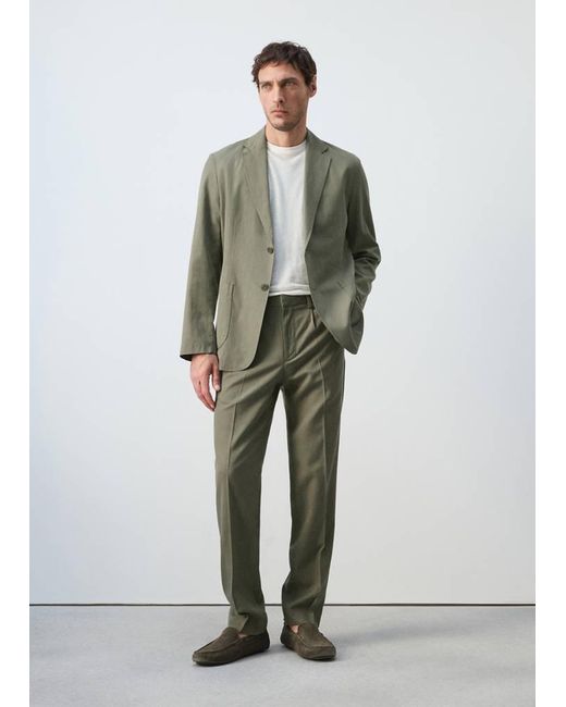 Mango Green Slim Fit Linen Lyocell Blend Trousers for men