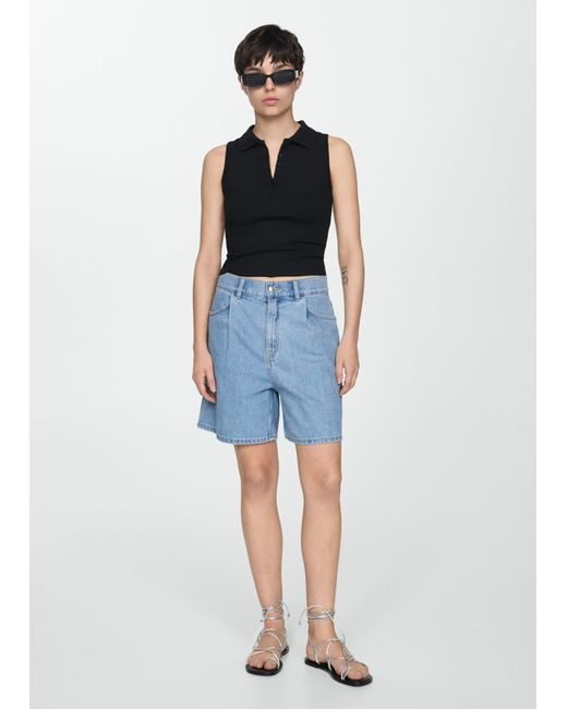 Mango Blue Denim Shorts With Pleats Medium