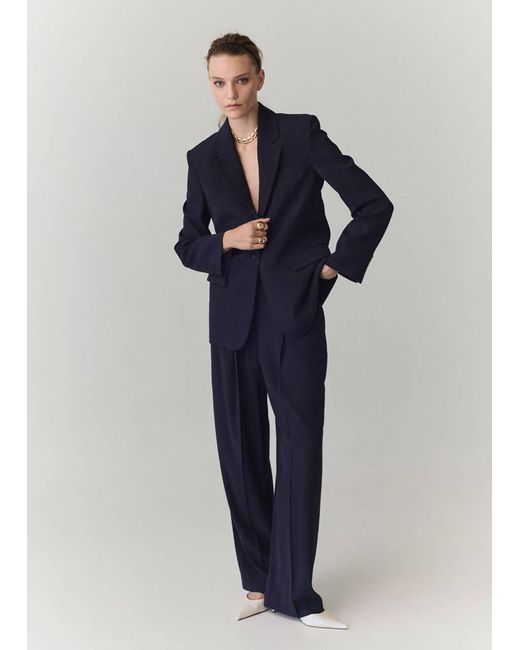 Mango Blue Straight-Fit Pleated Trousers