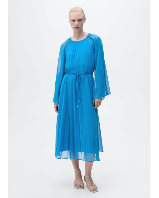 Mango Blue Flared-Sleeve Pleated Dress