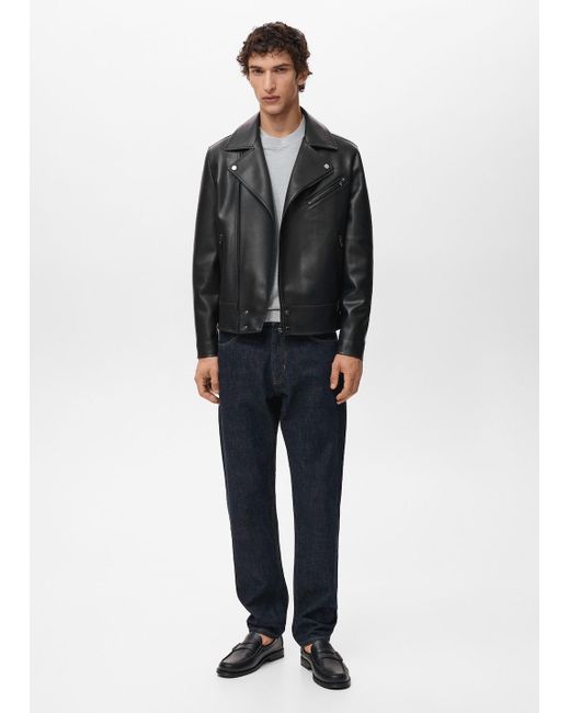 Mango Men's Blue Leather-Effect Biker Jacket