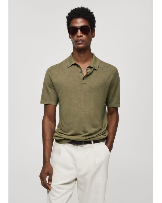 Mango Green Buttoned Micro-structure Knitted Polo Shirt for men