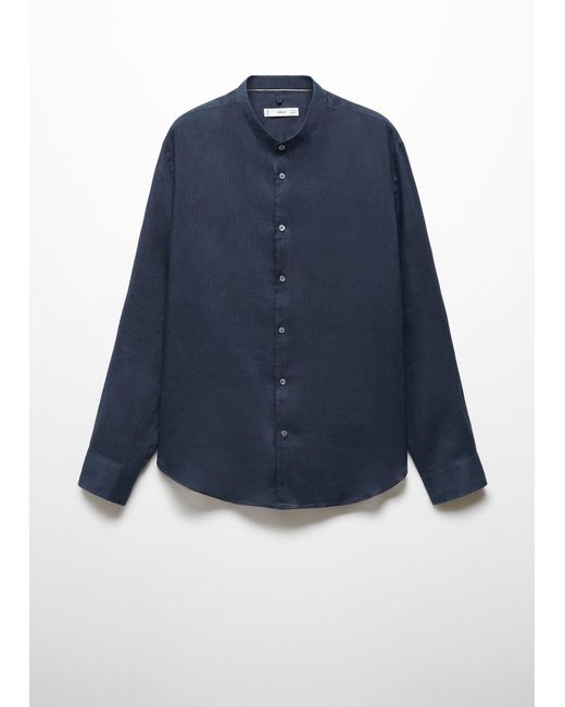 Mango Blue 100% Linen Mao Collar Shirt Dark for men