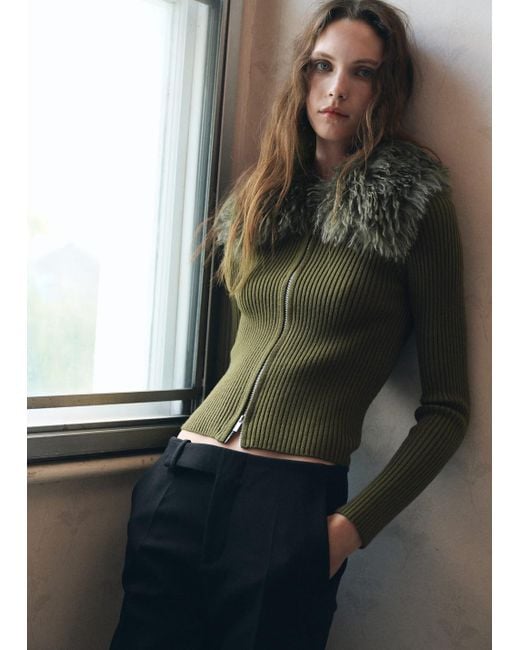 Mango Green Faux-Fur Combined Cardigan